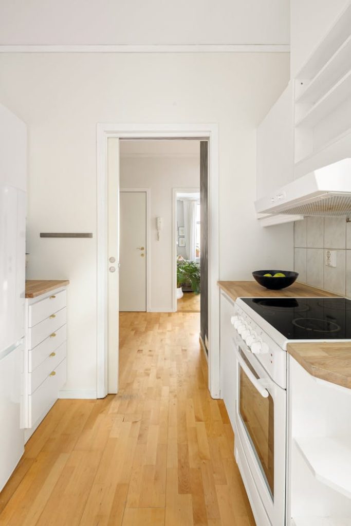 bright-kitchen-interior-19899091 Bright and modern kitchen interior with white cabinets and wooden flooring, perfect for urban living.